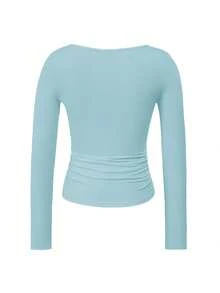 Vaiaye 女士春夏 Y2K 方领长袖修身 T 恤，纯色性感上衣，适合情人节穿着 - 水鴨藍 - 查看 4