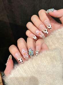 10 piezas de uñas postizas de almendra largas de cobertura completa, con diseños florales y de estampado de leopardo en colores rosas, con textura de flores embotadas, hechas a mano, con pegamento de gelatina y lima de uñas incluidos, suministros de arte de uñas DIY para festivales de música, fiestas del Día de la Madre, bodas y fiestas.