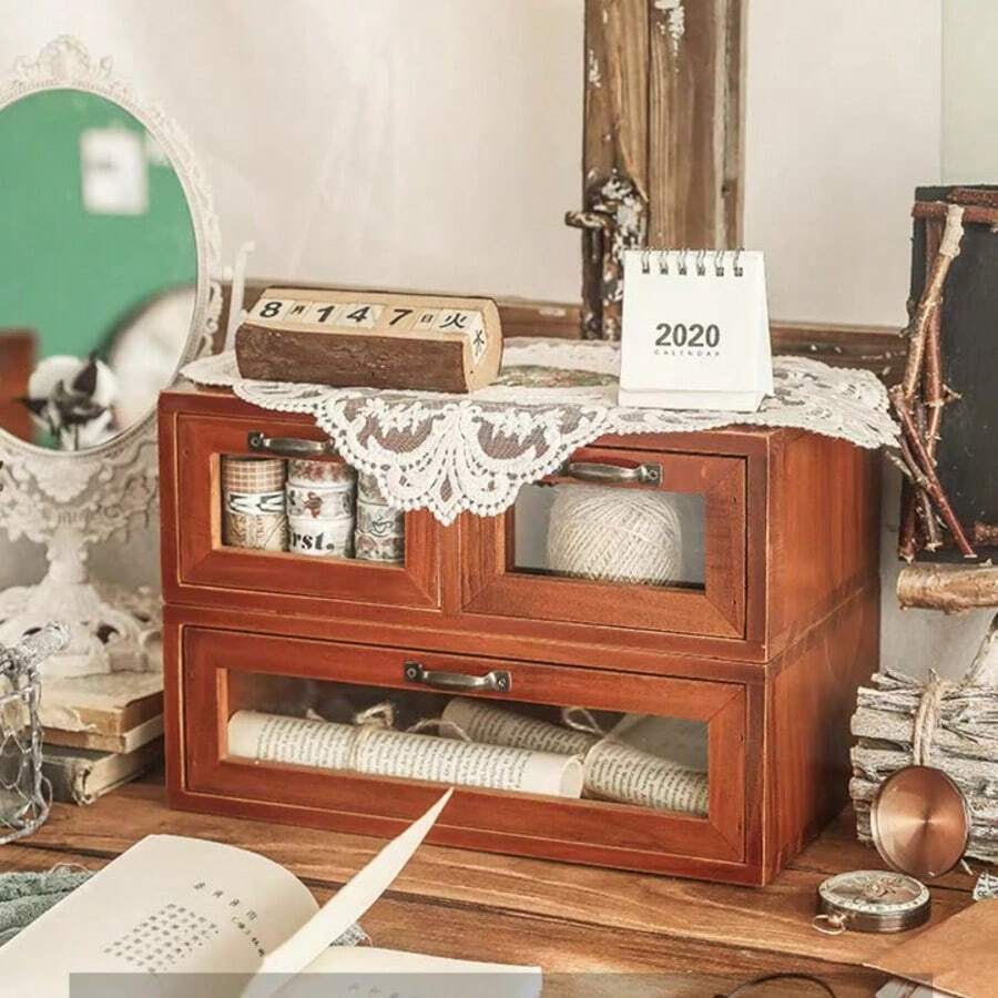 1 Pc Vintage Computer Monitor Stand, Wooden Desktop Storage Box With Glass Drawer, Office Vanity Organizer