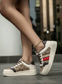 Women's Fashion Color Block Lace Up Platform Sneakers, Comfortable Daily Light-Weight Versatile Student Outdoor Couple Sports Shoes - Brown - View 7