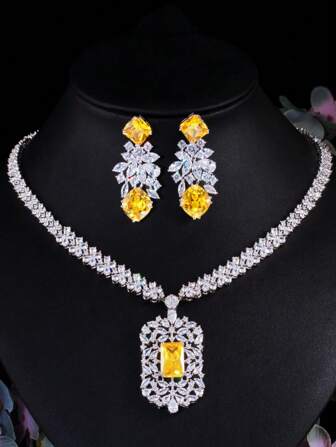 1 set colier și cercei fermecători cu frunze pătrate albastre, placați cu argint, cu zirconiu cubic, pentru mirese, nuntă, logodnă, banchet, petrecere, femei, doamne, domnișoare de onoare, prietene, cadou pentru mamă