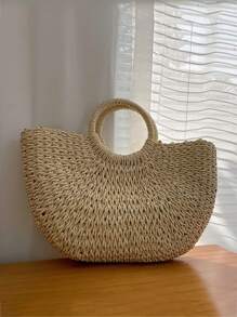Yogodlns Luxury Hollow Designer Beach Shoulder Bag High Quality Brand Straw Handbag Women Summer Raffia Woven Travel Basket Tote Bags Summer Handmade Bags For Women Beach Weaving Ladies Straw Bag Wrapped Beach Bag Moon Shaped Top Handle Handbags Totes