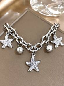 1 pièce Bracelet chaîne de perles en forme d'étoile de mer en acier inoxydable doré, bracelet empilable pour femme. Bijou de fête quotidienne pour anniversaire, Noël