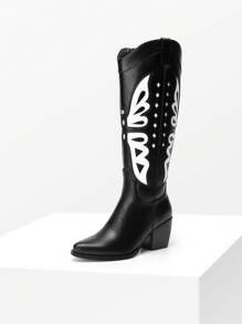 Women's Western Cowboy Boots Chunky Heel Pointed Toe Knee High Fashion Pull-On Cowgirl Boots With Zipper - màu đen - Xem 4