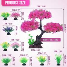 10 件水族箱人造塑料植物装饰、粉色花树和彩色草水族箱装饰、金鱼缸装饰套装、斗鱼缸隐藏完整树木装饰配件套件。