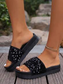 Summer New Thick Sole Glitter Women Slippers, Fashion Minimalist Beach Casual Sandals Versatile Roman Shoes