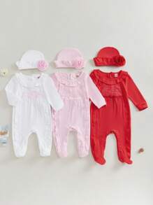 Charming Princess Baby Girl Clothes Set Featuring Long Sleeve 3D Print Ruffled Romper, Cute Footwear + Stylish Flower Hat - Ideal Infant Clothing Suit For 0-8M - Pink - View 6