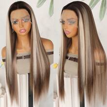 亮点渐变色蕾丝前假发 预拔自然发际线 13x4 高清蕾丝无胶 棕色金色混合颜色头发 合成前蕾丝假发 免费部分 适合时尚女性日常派对穿着 耐热纤维替换假发 26 英寸 180% 密度 - 間色 - 查看 4