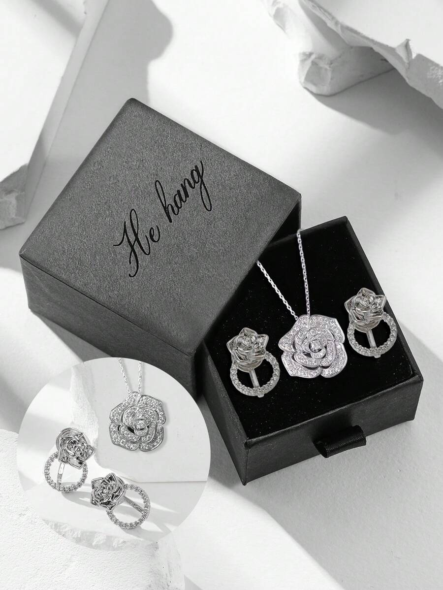 1 套优雅复古玫瑰吊坠项链和无穿孔耳环，时尚百搭，适合女性日常佩戴，可作为情人节、母亲节、婚礼/订婚礼物 - 禮盒裝套裝 - 查看 1