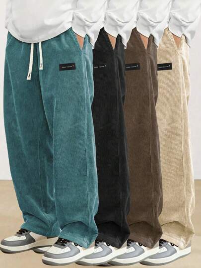 Calças de veludo cotelê com cintura elástica masculinas, calças de moletom casuais retrô de perna reta para primavera e outono