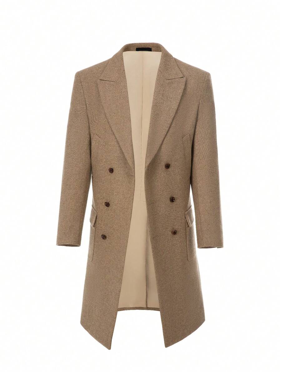 Men's Winter Trench Coat Long Sleeve Peak Lapel Double Breasted Quilted Long Overcoat Jacket Wool Pea Coat Slim Fit Dinner Prom Party HALLOWEEN Costumes For Men XS-3XL - 卡其色 - 查看 1