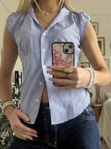 Women Y2k Button Down Shirt Top Fairycore Dot Print Short Sleeve V Neck Button Down T Shirts Crop Tops Summer Slim Fit Going Out Tops Blouse E-Girl Vintage Aesthetic Clothes Streetwear