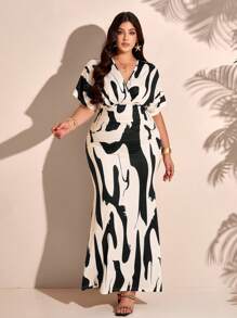 BIUBIU Summer New Stylish Elegant Resort Plus Size Bohemian Style Women's V-Neck Waist Pleated Hips Slim Slim Dress (Random Flower Pattern) - Black - View 3