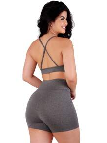 Work Fitness Kit 2 Set Of Backless Top With Cross Straps And Basic Premium Bermuda Shorts - Grey - View 3