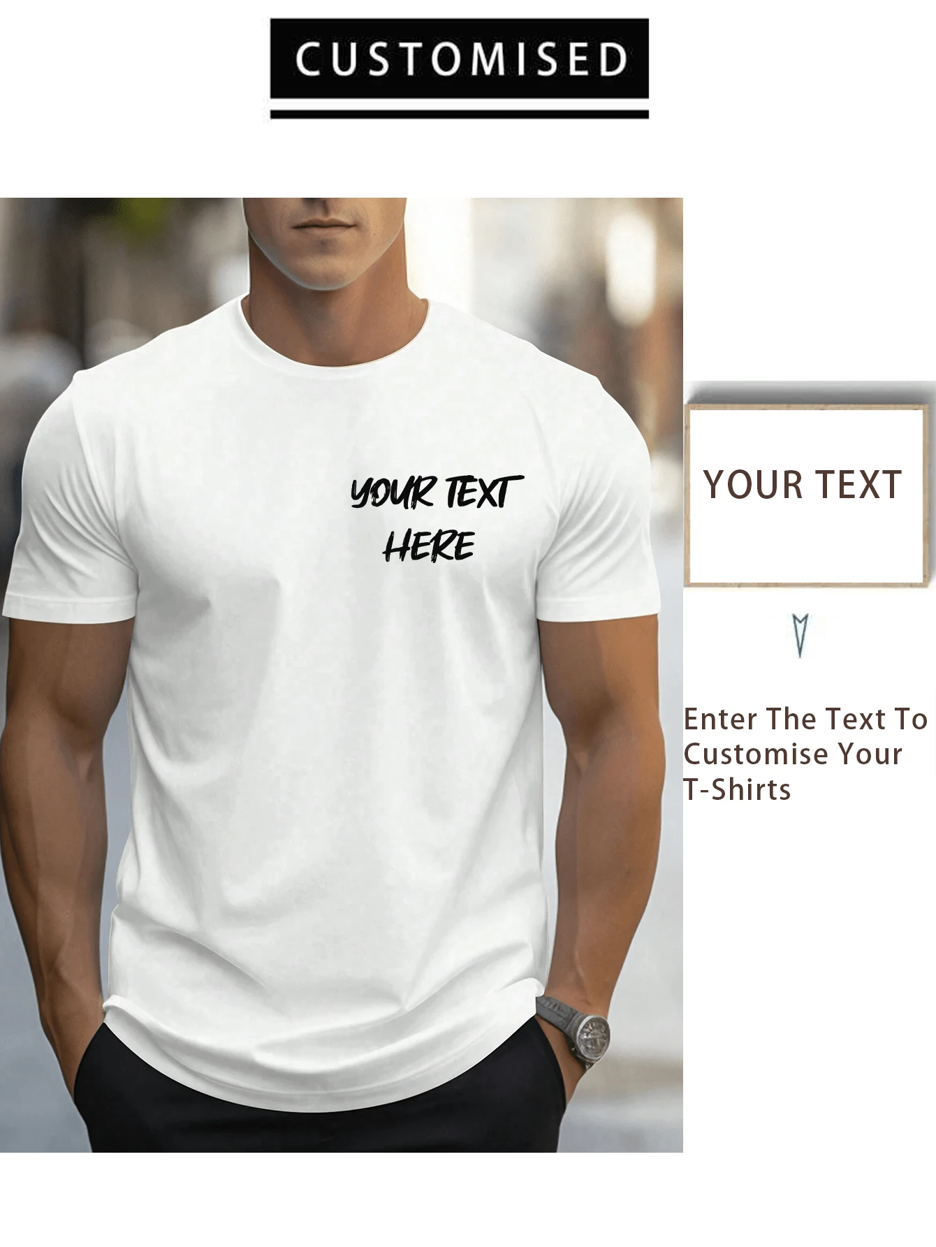 Customized Personalized Men's Comfortable Loose Round-Neck Casual T-Shirt ﻿Add You Text/Logo For Couples, Family, Pets, Gifts, Customizable T-Shirt For Husband Or Boyfriend Or Team Or Girlfriend - White - View 1