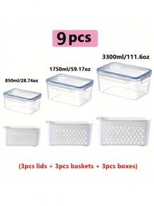 Zestaw 9-częściowy {3 pokrywki + 3 kosze + 3 pudełka} Przykryte pojemniki do przechowywania w lodówce - składane pojemniki do organizacji lodówki z tacką ociekową na owoce, warzywa i produkty suche - wielofunkcyjny system organizacji kuchni na kemping i do jadalni