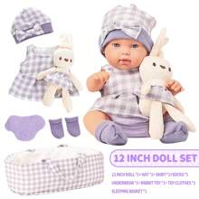 12-Inch Baby Doll With Doll Accessories Doll Set, Includes 12-Inch Baby Doll, Plaid Rabbit Pattern Dress, Hat, Rocking Cradle, Socks, And Infant Doll