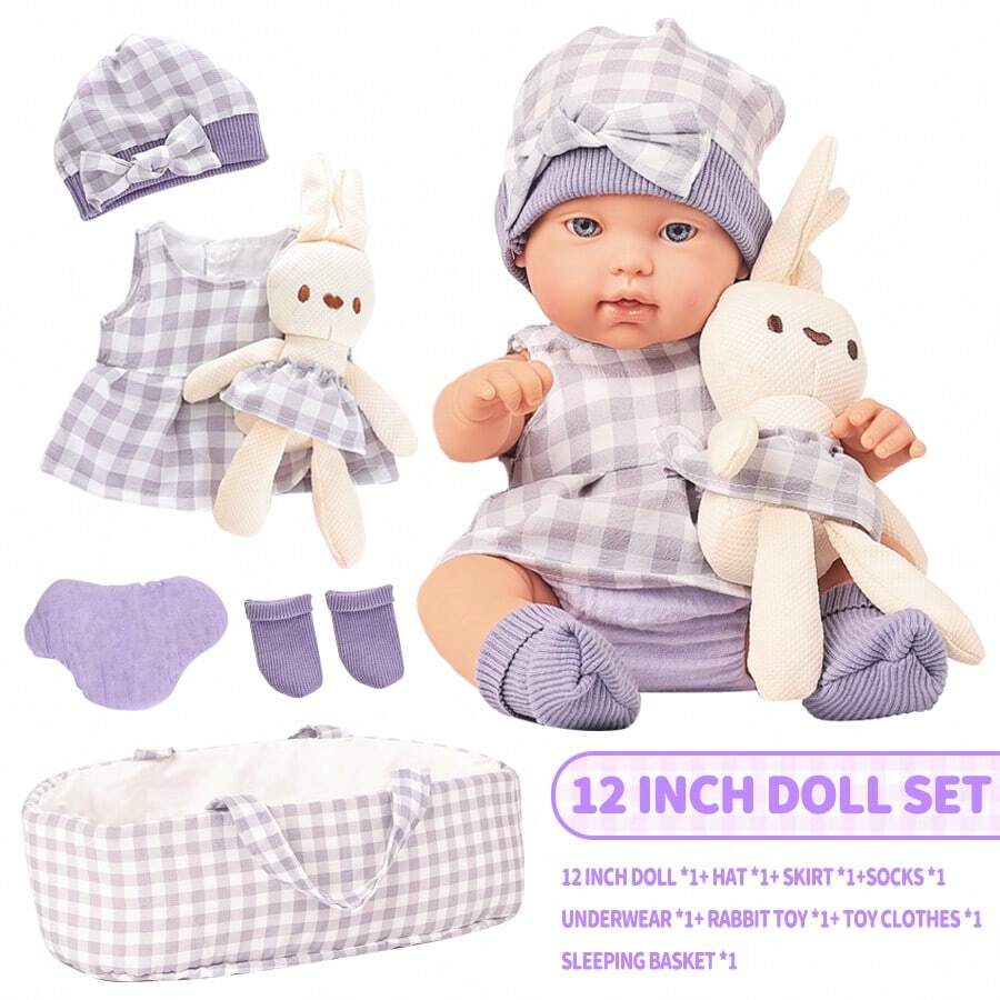Muñeca bebé de 12 pulgadas con accesorios, incluye muñeca bebé de 12 pulgadas con vestido de conejo a cuadros rosa/morado, sombrero, cuna, calcetines, muñeca de peluche infantil, juguete divertido para niños de 3+ años