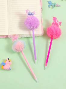 2pcs/Set Cartoon Unicorn Fluffy Pom Pom Ball Pen, Glittery Cylinder Shaped Pens, Student Children Gift Stationery, Random Tie-Dye Locations - Multicolor - View 8