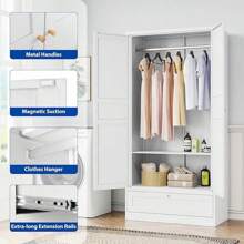 Metal Armoire Wardrobe Closet With 2 Doors 72'' Wardrobe Cabinet With Drawers And Hanging Rail Metal Closet With Adjustable Shelves For Bedroom. (White, With 1drawer)