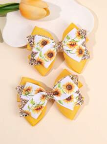 2pcs Sunflower Printed Hair Bows For Girls Champagne Glitter Bow Alligator Clips Spring Vitality Hair Clips Adorable Girls Pigtail Bows Barrettes Kids Hair Accessories - Multicolor - View 2