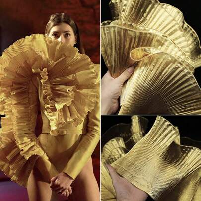 1件2码（18厘米宽）金属光泽波浪大荷叶边褶皱花边，适用于连衣裙设计、舞台装饰、服装面料