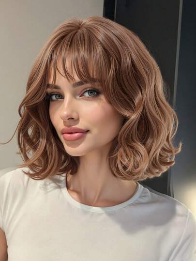 12英寸亚麻棕色短款波浪卷假发，耐热合成假发，带刘海，适合日常佩戴、派对和角色扮演