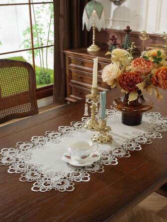 1Pc Linen Tablecloth With Elegant Lace Trim - Farmhouse Style Decor For Dining Tables, Coffee Tables, And More - Polyester Blend, No Assembly Required, Perfect For Rustic Home Decor