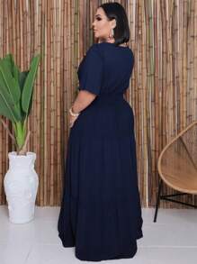 Plus Size Long Dress V Neck Short Sleeve - Navy Blue - View 2