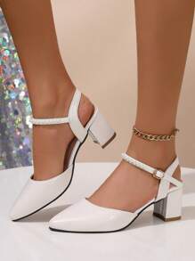 Fall/Winter 2025 Women's Solid Color High Heel Pumps, Fashion Pearl Decor Elegant Thick Heel Formal Dress Shoes, Square Toe Ankle Strap Sandals, Pointed Toe Strap Hollow Mid Heel Sandals, Beige High Heel Sandals, Open Back Sandals Suitable For Dresses Cheongsam, Dance Shoes,Elegant,Elegant - Beige - View 4