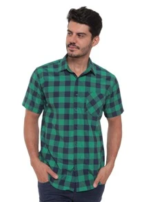 Rand paul Men's Plaid Shirt Casual Slim Fit Short Sleeve With Pockets Imported - 綠色 - 查看 3