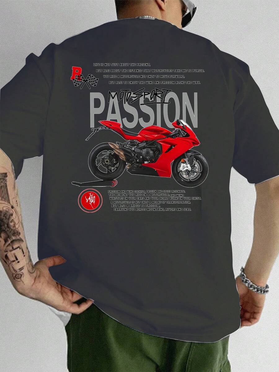Men's New Racing Casual Personalized Letter Print Short Sleeve T-Shirt, Paired With Casual Pants, Suitable For Travel/Vacation/Outdoor Camping/Sports, International Racing