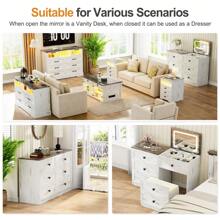 3 In 1 Vanity Desk With 3-Color Lights, Flip Top Mirror Makeup Vanity Set With Gun Drawer,Compact Vanity With Charging Station, 3 Drawers & Hidden Lock & Padded Stool - 白色 - 查看 3