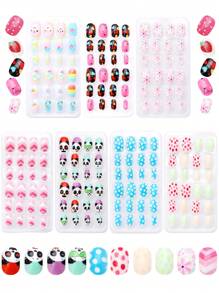 (168pcs 7 Packs) And (24pcs 1 Pack) Kids Acrylic False Nails Press-On Pre-Glued Full Cover Glitter Cute Daily Simple Polka Dots, Flowers, Hearts, Pandas, Strawberries And Other Elements Short Kids Stick-On False Nails Set For Kids Little Girls - Cute Simple Themenail Drill