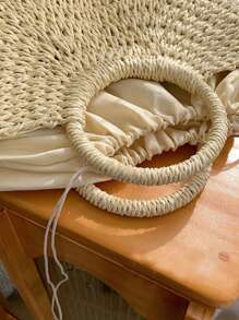 Yogodlns Luxury Hollow Designer Beach Shoulder Bag High Quality Brand Straw Handbag Women Summer Raffia Woven Travel Basket Tote Bags Summer Handmade Bags For Women Beach Weaving Ladies Straw Bag Wrapped Beach Bag Moon Shaped Top Handle Handbags Totes