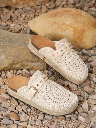 2025 New Thick Sole Woven Mule Shoes, Slip-On Retro Bohemian Style Beach Sandals, Vacation Fisherman Shoes For Women