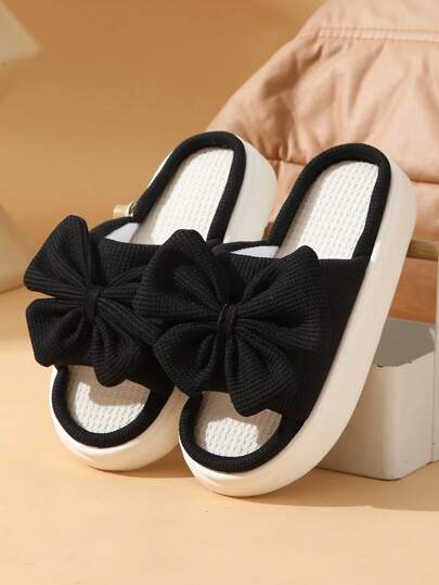 Fashionable Platform Slippers With Black Bow Accent, Comfortable & Stylish For Indoor & Outdoor Wear