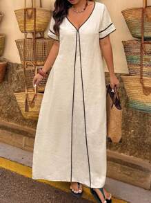 UrbanChic 大码女式时尚休闲撞色连衣裙，棉麻混纺，女士早午餐装