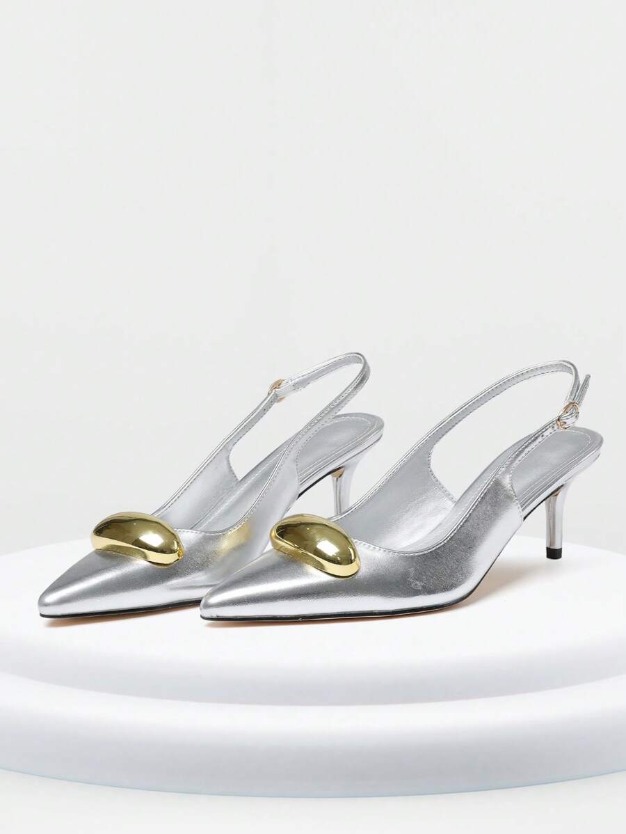Womens Elegant Slingback High Heels Pointed Toe Stiletto Heel Gold Metal Stud Dress Pumps Buckle Strap Slip On Party Dressy Wedding Bridal Work Casual  Summer Sandals Shoes - Silver - View 1