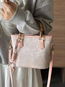 1pc Women's Color Block Chinese Style Bamboo Knot Decor Bucket Handbag, Fashion For Festival, Date, Gift
