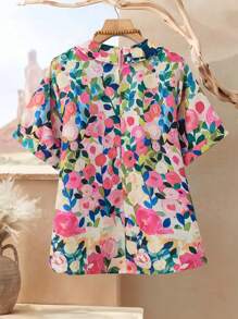 Camicetta con scollo a V con stampa floreale in poliestere per donna, con fessura, stampa all-over globale