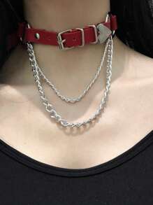 1 件欧美深色哥特式心形锁链颈链，锁骨链，纯色街头时尚 PU 皮革