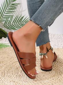 2025 夏季新款平底女拖鞋，时尚百搭休闲女式凉鞋，黑白女式凉鞋，户外沙滩女式拖鞋，女式一脚蹬鞋，女式平底凉鞋 - 棕色 - 查看 3