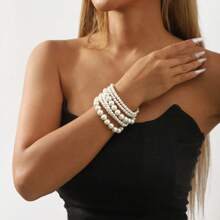 1 件珍珠串珠手链，简约优雅魅力时尚弹力绳首饰 - 白色 - 查看 1