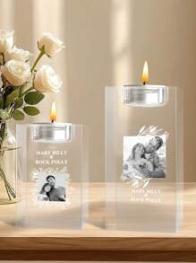 个性化 3D 照片水晶烛台定制雕刻水晶烛台，带有您自己的图像文字周年纪念圣诞节生日礼物送给爸爸妈妈他她（白色），爱在这里生活水晶茶灯烛台，个性化情侣礼物，订婚礼物，个性化柱状烛台