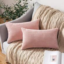 1pc Plain Ribbed Striped Soft Decorative Throw Pillow Case, Square Cushion Cover, Spring Winter Holiday Home Decor, Soft Comfy Striped Fabric, Modern Decor For Sofa, Bedroom, Dorm - Pink - View 3