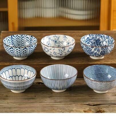 4pcs/6pcs Japanese Underglaze Ceramic Rice Bowls, 4.5-Inch Soup Bowls, Chinoiserie Ceramic Bowls, Salad Bowls,School Supplies