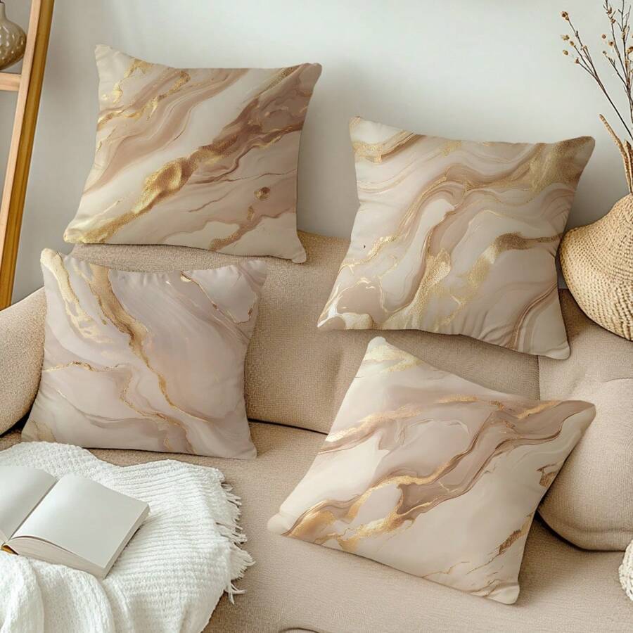 MEMNUN 4pcs 17.7*17.7in(45*45cm)/19.69*19.69in(50*50cm)/15.75*15.75in(40*40cm) Beige Marble Pattern Printed Polyester Pillowcase Cover [Single-Sided Printing][Pillow Insert Not Included], Suitable For Home, Bedroom, Sofa, Car Decoration, Personalized Gifts