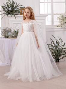 Tween Girl Elegant Lace Trim Bow Back Deep V Mesh Flower Girl Princess Dress, Suitable For Children's Birthday Party, Wedding, Prom, Holiday Occasions - White - View 3