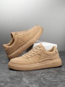 男士简约字母图案低帮系带平底情侣休闲鞋，时尚百搭，适合户外、通勤、运动休闲运动鞋 - 卡其 - 查看 4